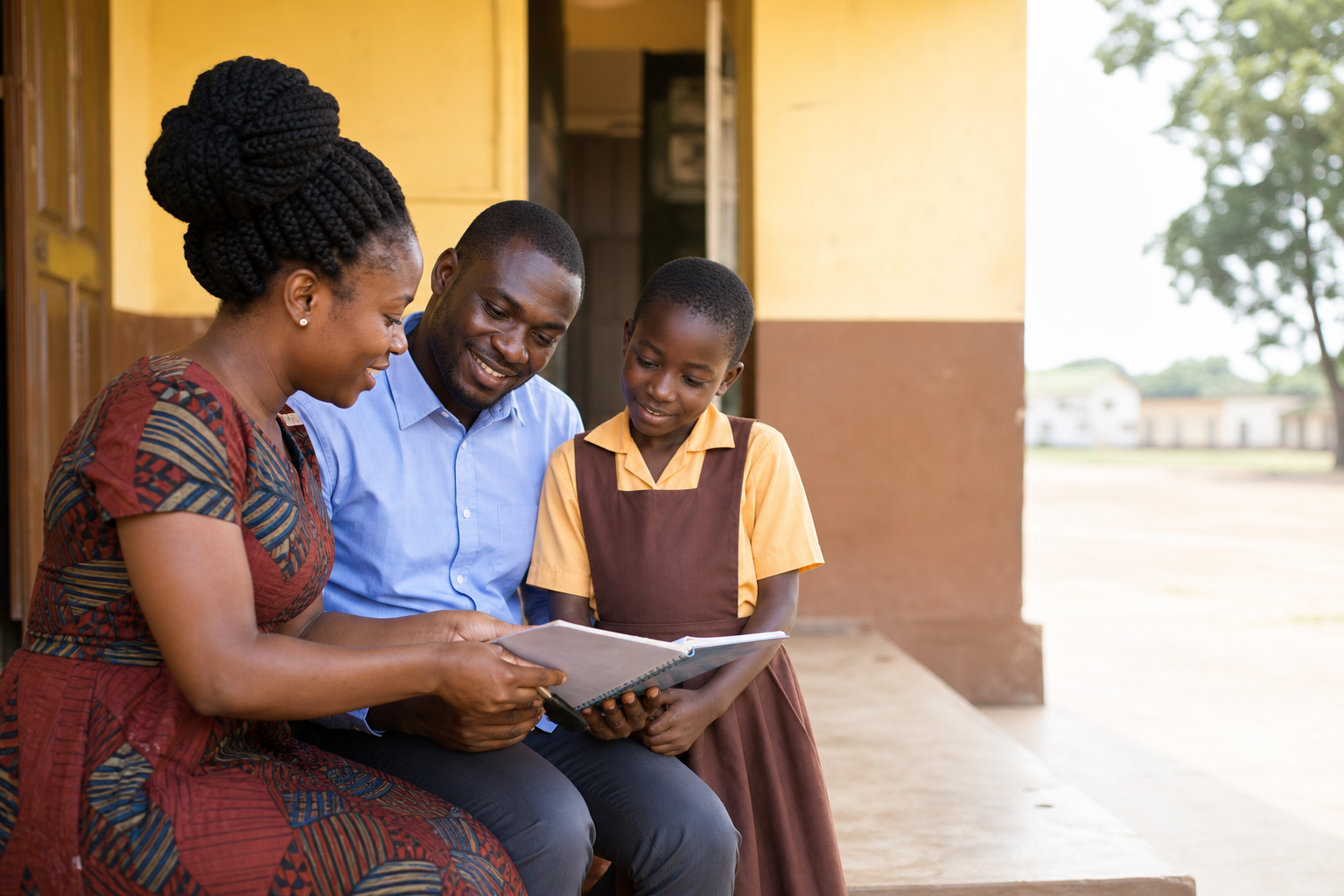 Parent and teacher discussing a child's learning together at school