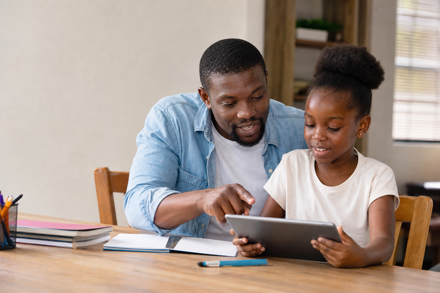 Parent and child discussing learning progress at home