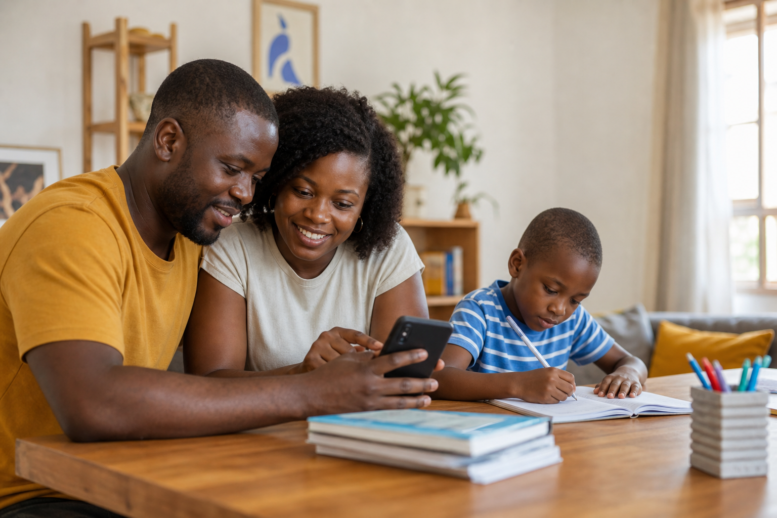Parents checking a child's school progress together at home